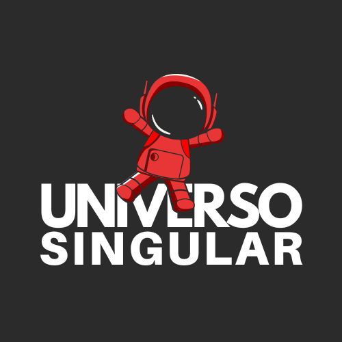 Astronauta vermelho e marca Universo Singular